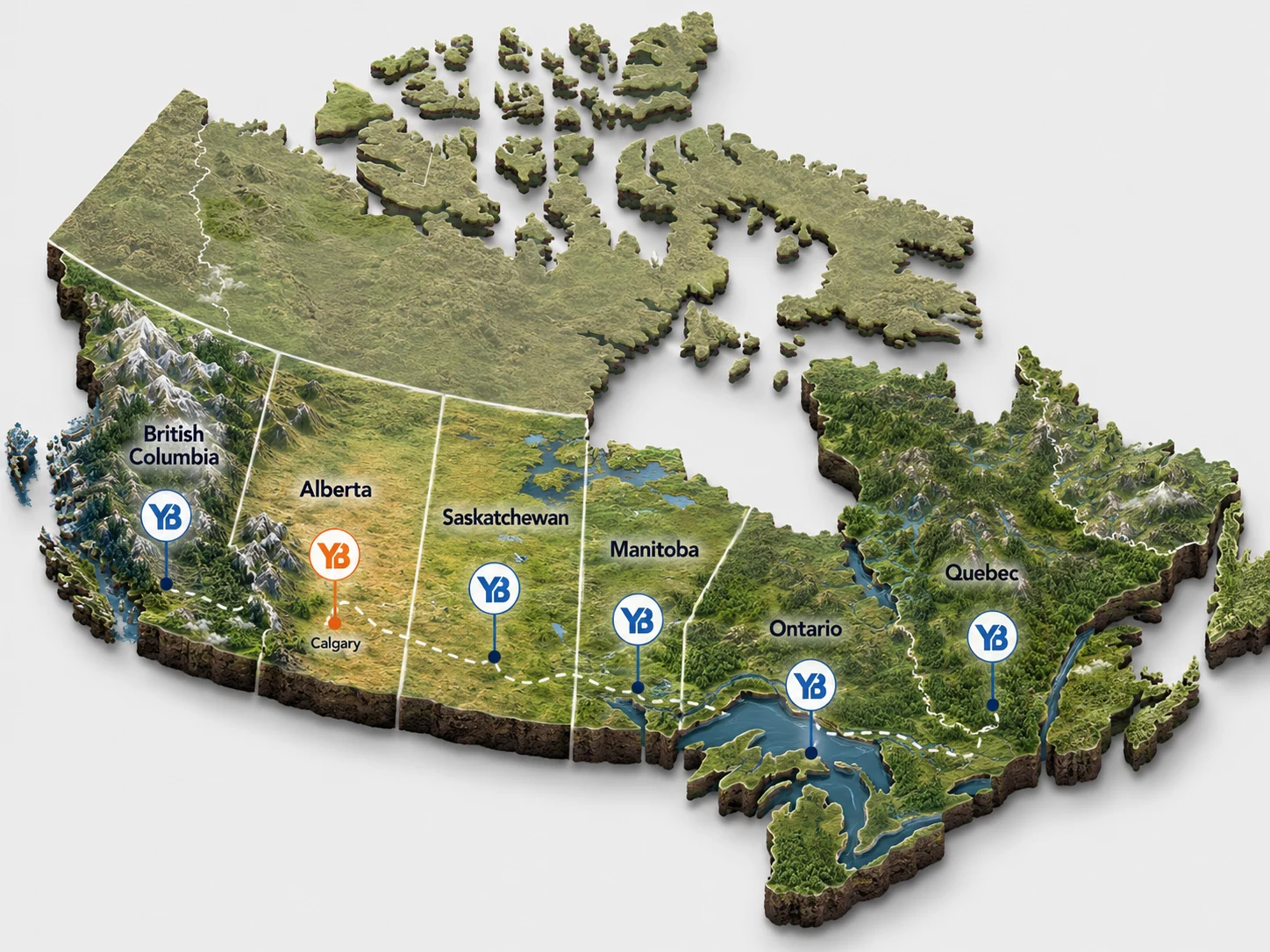 Yasmin Bedoya coverage map — licensed in Alberta, British Columbia, Saskatchewan, Manitoba, Ontario and Quebec